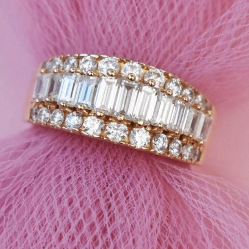 Solid 14K gold tiara ring 7.25 US, wide gemstone ring for women
